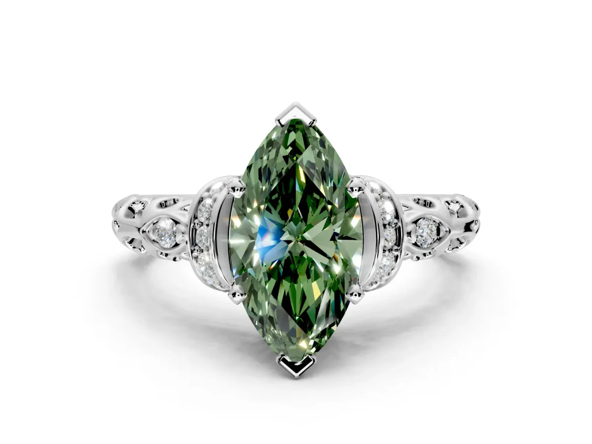 Solitaire Engagement Ring Setting for Fancy Green Marquise Center with Filigree Band and Prong Head in Sterling Silver