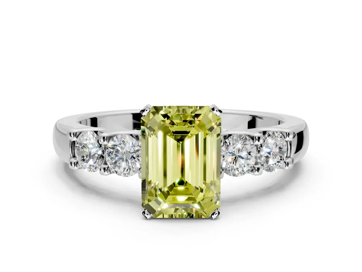 5 Stone Engagement Ring Setting for Fancy Yellow Emerald Cut Center with Plain Band and Prong Head in Platinum