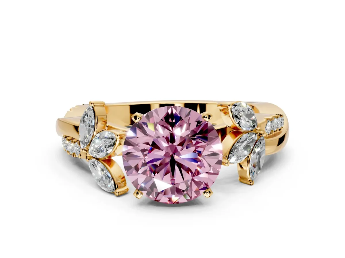 Floral Engagement Ring Setting for Fancy Pink Round Cut Center with Trailing Marquise Accents and Prong Head in Yellow Gold