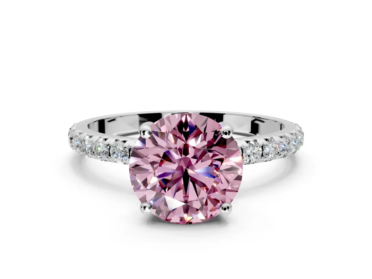 Solitaire Engagement Ring Setting for Fancy Pink Round Cut Center with Micro Pave Band and Prong Head in White Gold