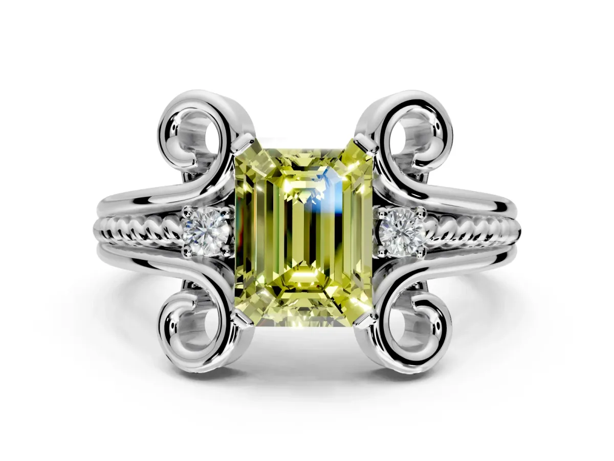 Solitaire Engagement Ring Setting for Fancy Yellow Emerald Cut Center with Twisted Band and Scroll Prong Head in Sterling Silver