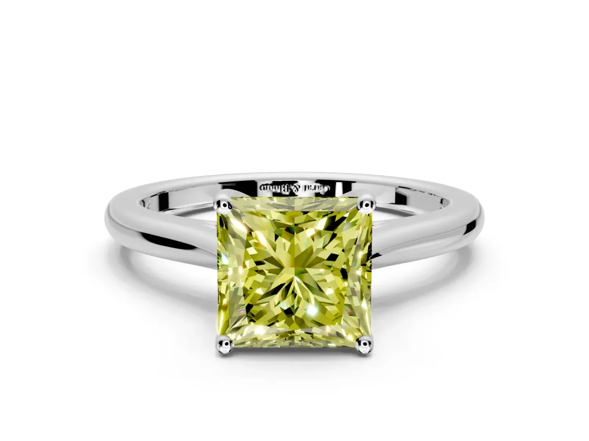 Solitaire Engagement Ring Setting for Fancy Yellow Princess Cut Center with Narrow Cathedral Band and Prong Head in White Gold
