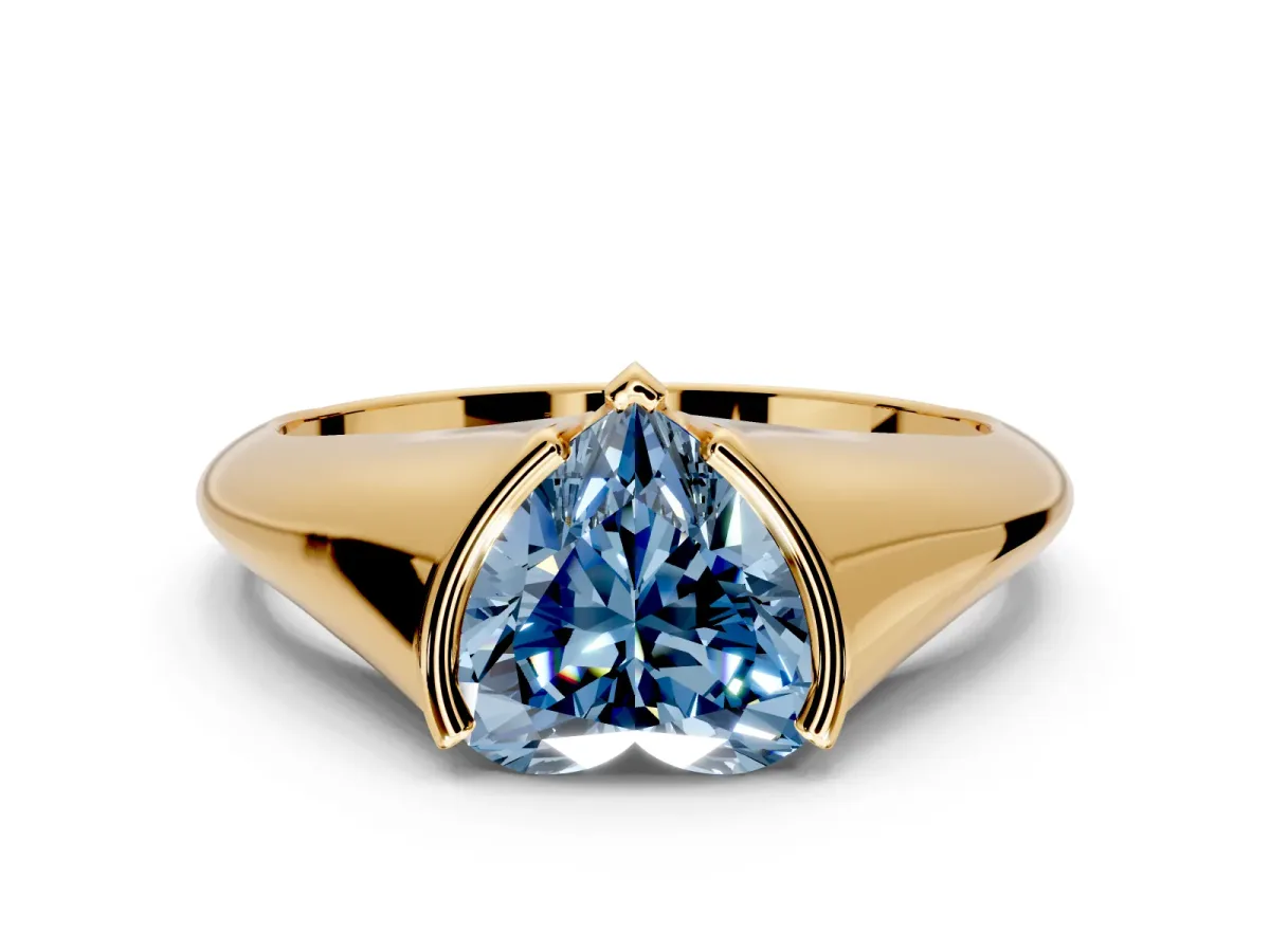 Tension Engagement Ring Setting for Fancy Blue Heart-Shaped Center with Wide Tapered Band and Tension Head in Yellow Gold