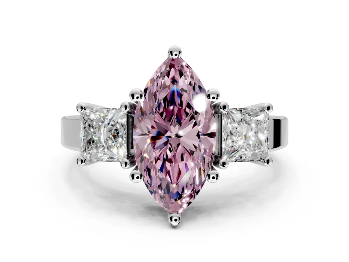 3 Stone Engagement Ring Setting for Fancy Pink Marquise Center with Matching Side Accents and Prong Head in Sterling Silver