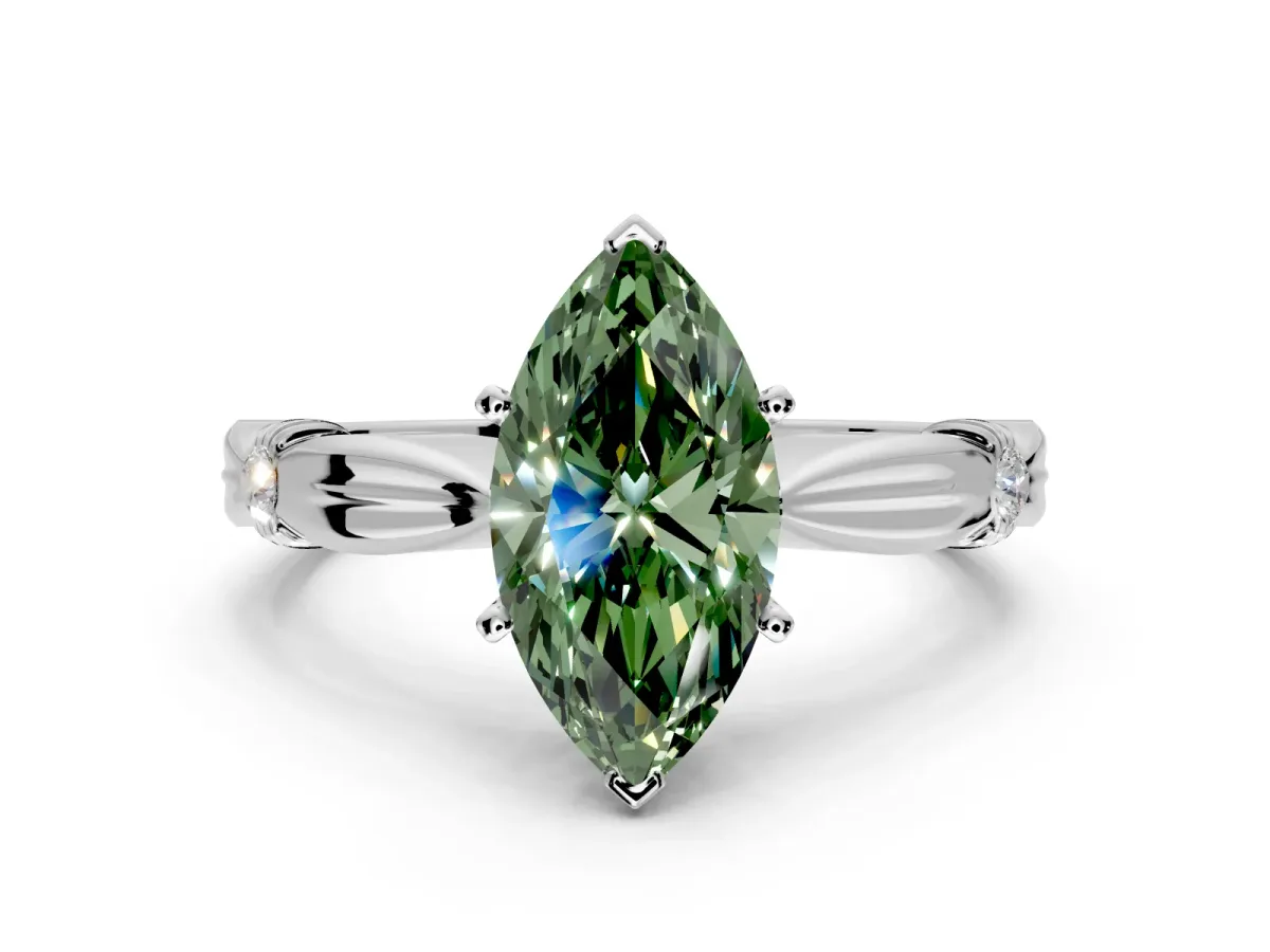 Solitaire Engagement Ring Setting for Fancy Green Marquise Center with Carved Leaf Shoulders and Prong Head in Platinum