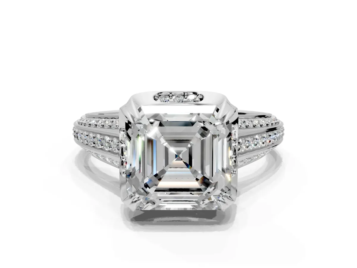 Solitaire Engagement Ring Setting for Asscher Cut Center with Accented Split Shank and Prong Head in Platinum