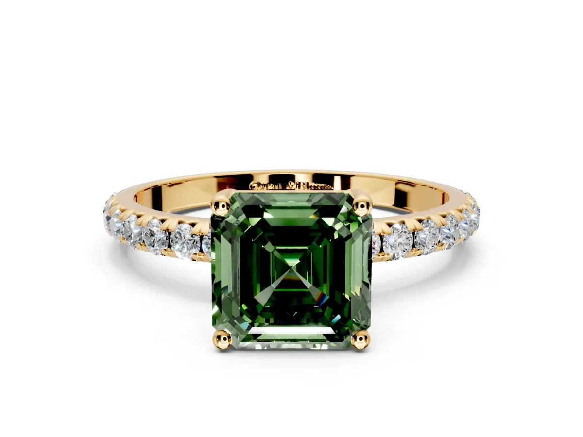 Solitaire Engagement Ring Setting for Fancy Green Asscher Cut Center with Micro Pave Band and Prong Head in Yellow Gold