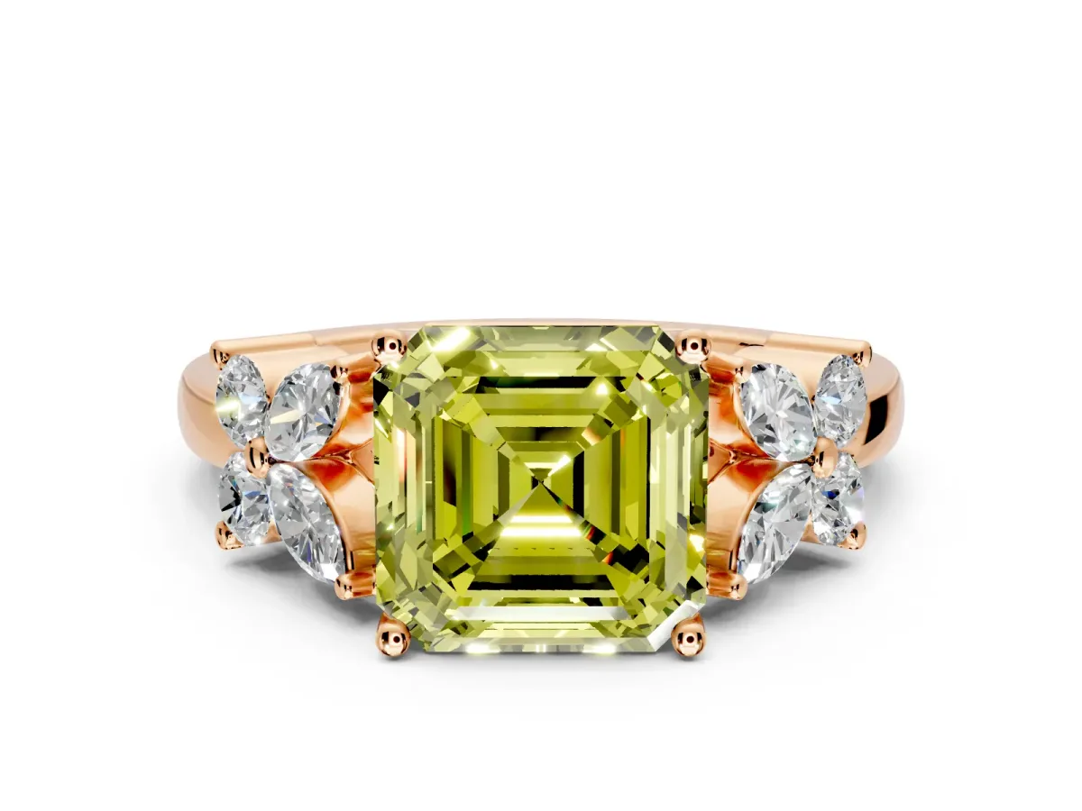 Floral Engagement Ring Setting for Fancy Yellow Princess Cut Center with Marquise Cluster Shoulders and Prong Head in Rose Gold