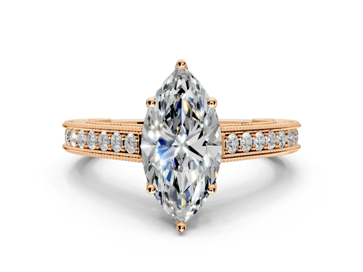 Solitaire Engagement Ring Setting for Marquise Center with Engraved Pave Band and Prong Head in Rose Gold