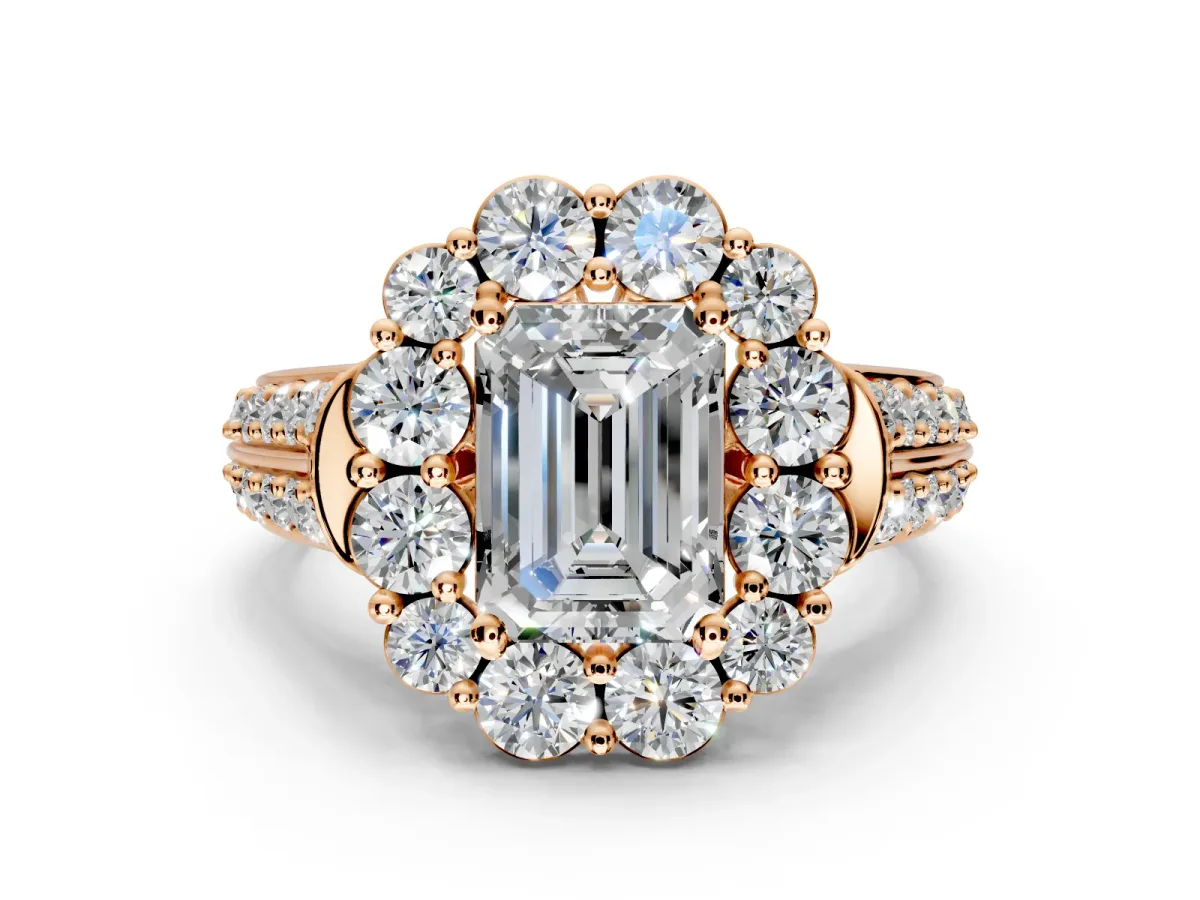 Large Accent Halo Engagement Ring Setting for Emerald Cut Center with Pave Split Shank and Prong Head in Rose Gold