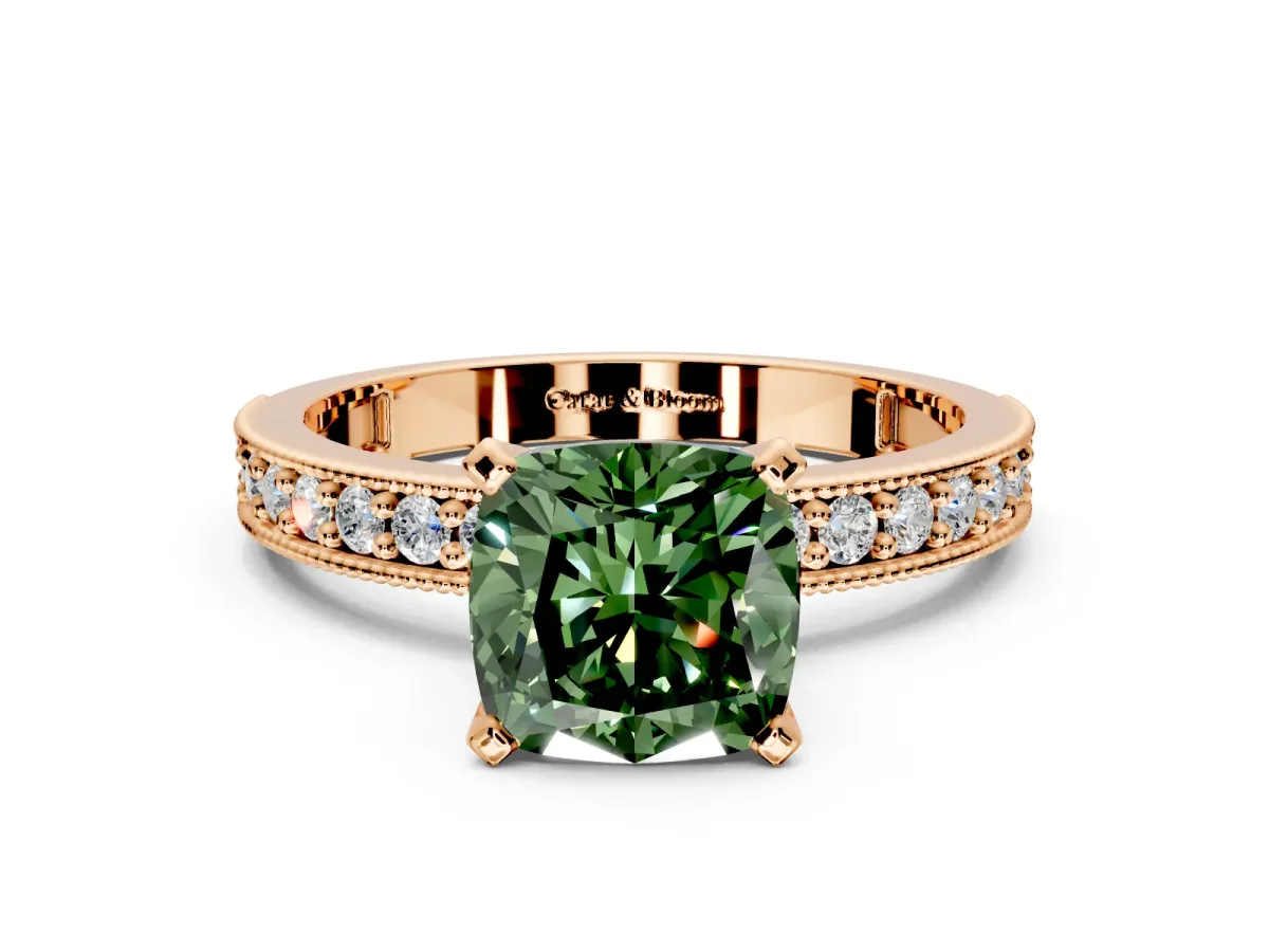 Milgrain Pave Engagement Ring Setting for Fancy Green Cushion Cut Center with Accent Band and Prong Head in Rose Gold