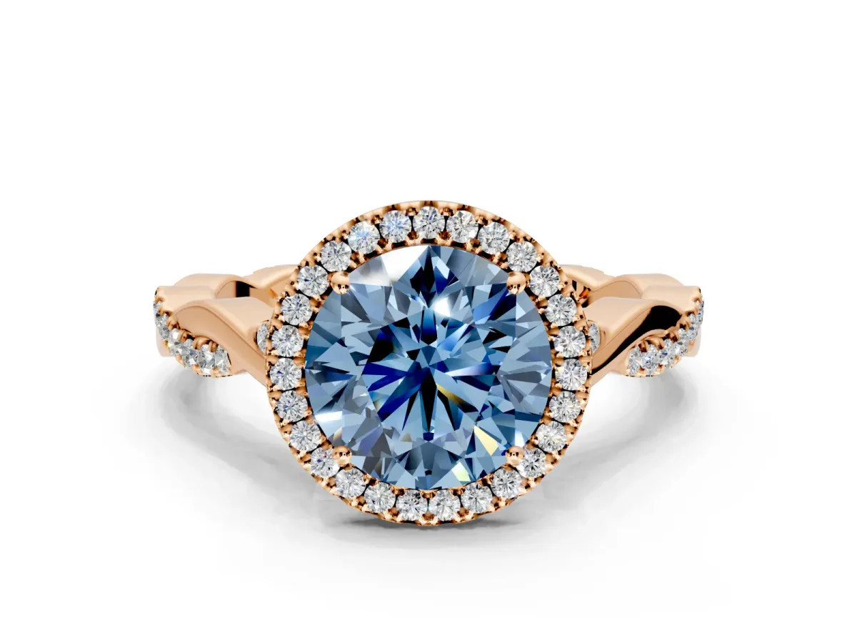 Halo Engagement Ring Setting for Fancy Blue Round Cut Center with Twist Band and Prong Head in Rose Gold