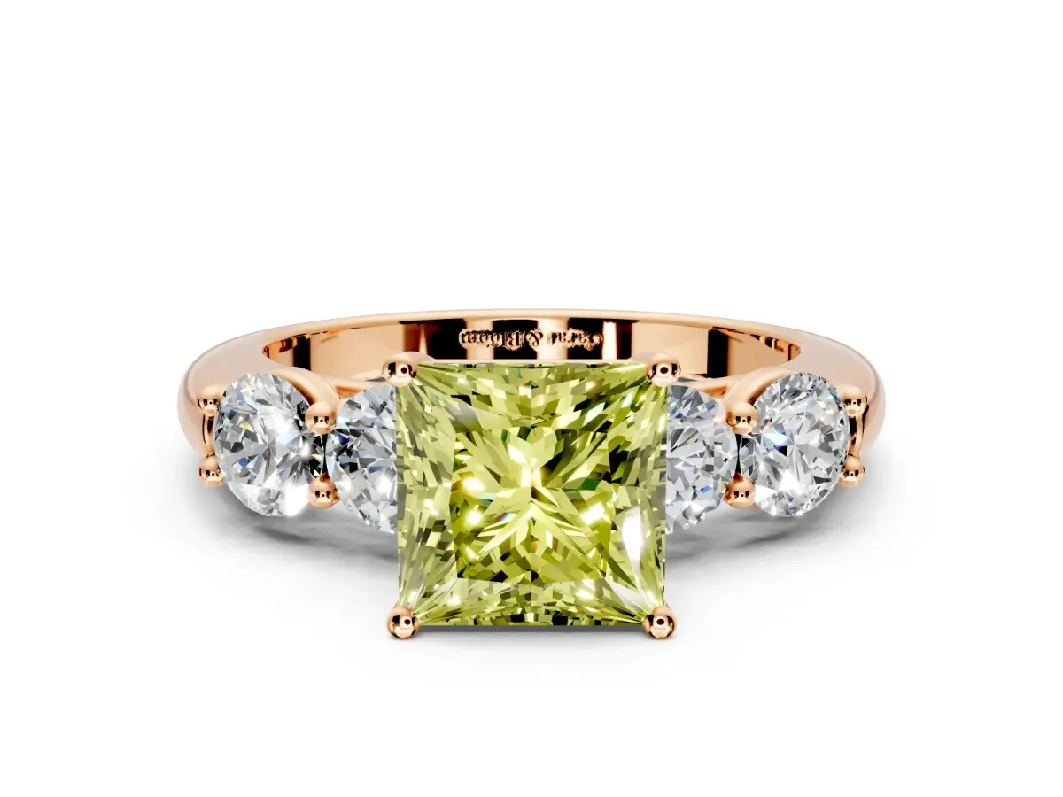 5 Stone Engagement Ring Setting for Fancy Yellow Princess Cut Center with Graduated Accents and Prong Head in Rose Gold