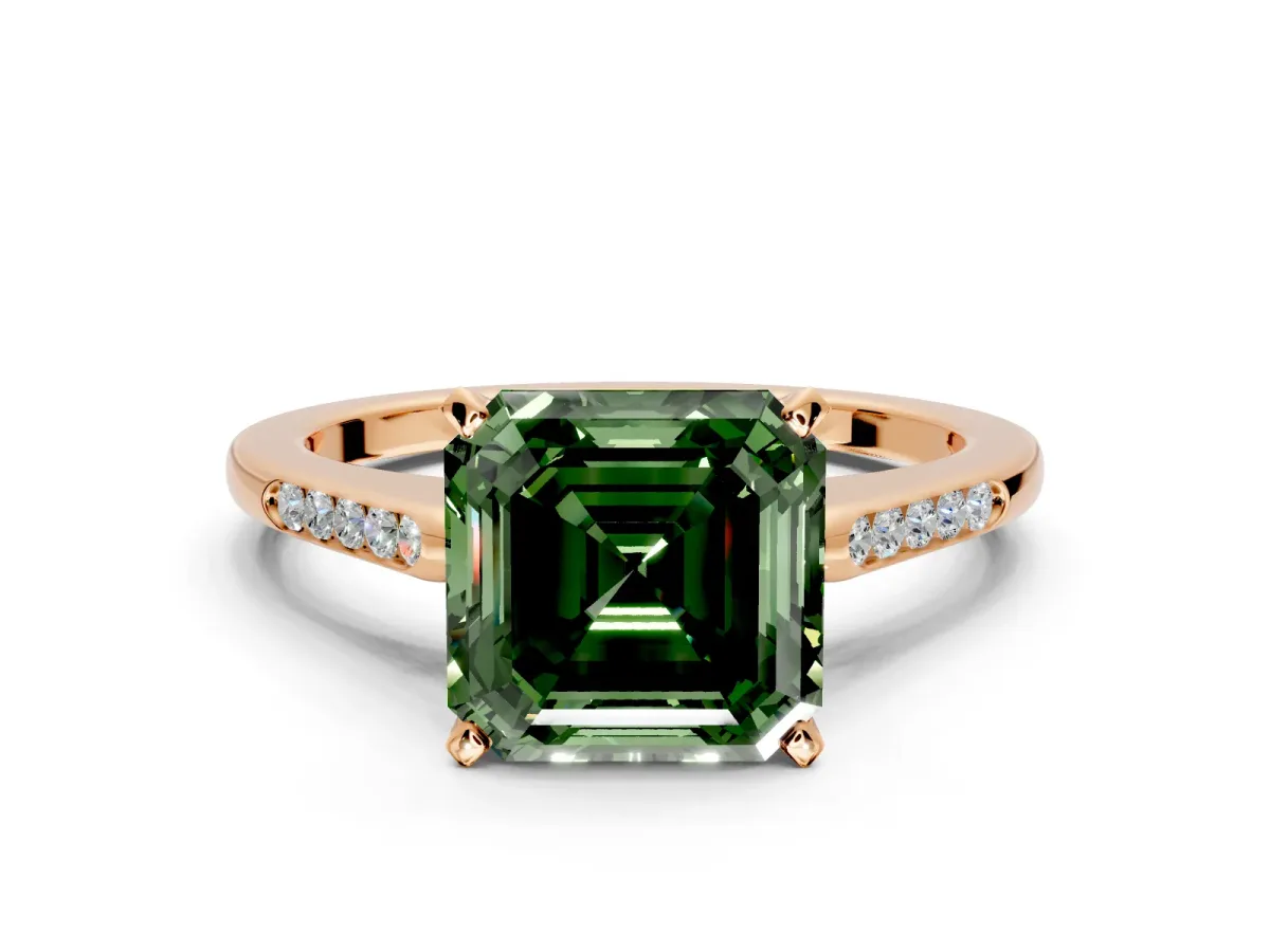 Solitaire Engagement Ring Setting for Fancy Green Asscher Cut Center with Channel Accents and Prong Head in Rose Gold