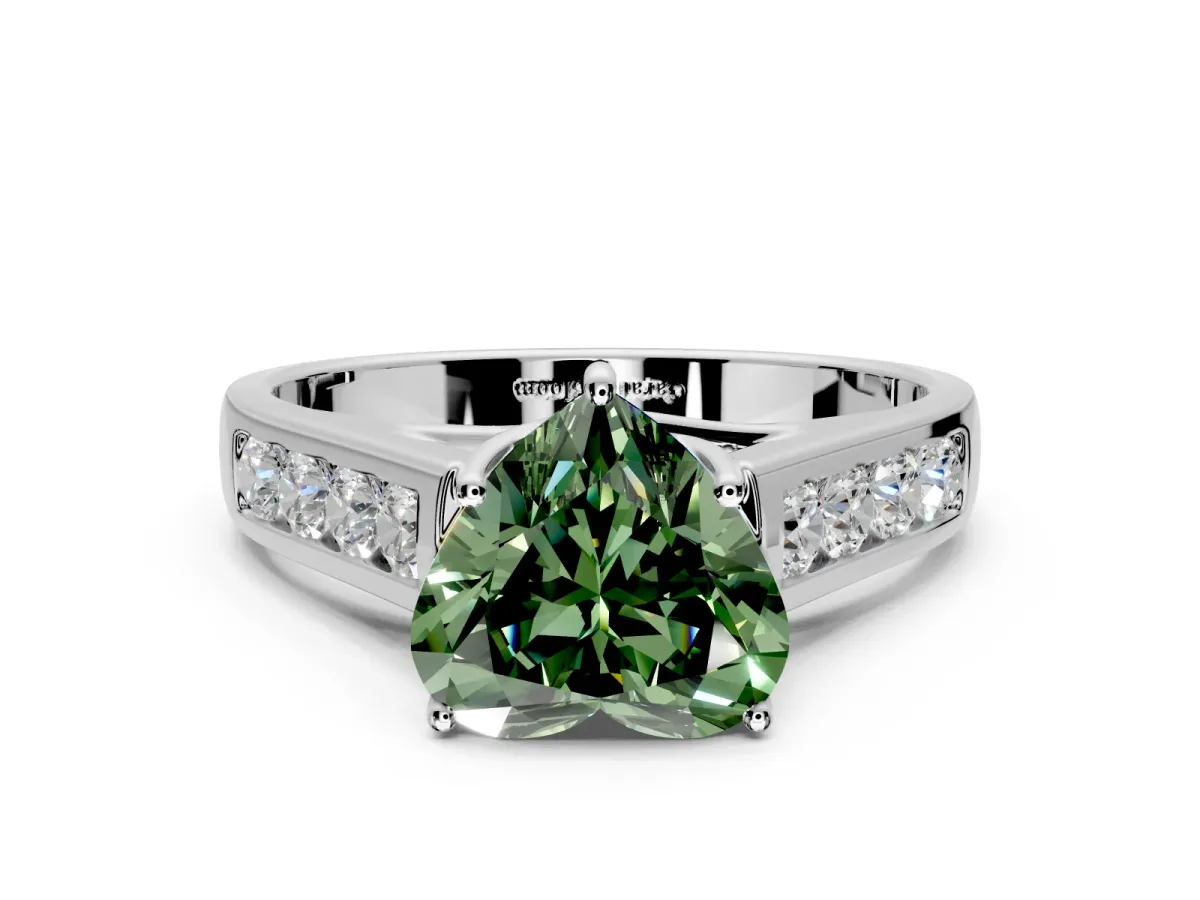 Solitaire Engagement Ring Setting for Fancy Green Heart-Shaped Center with Cathedral Channel Band and Prong Head in White Gold