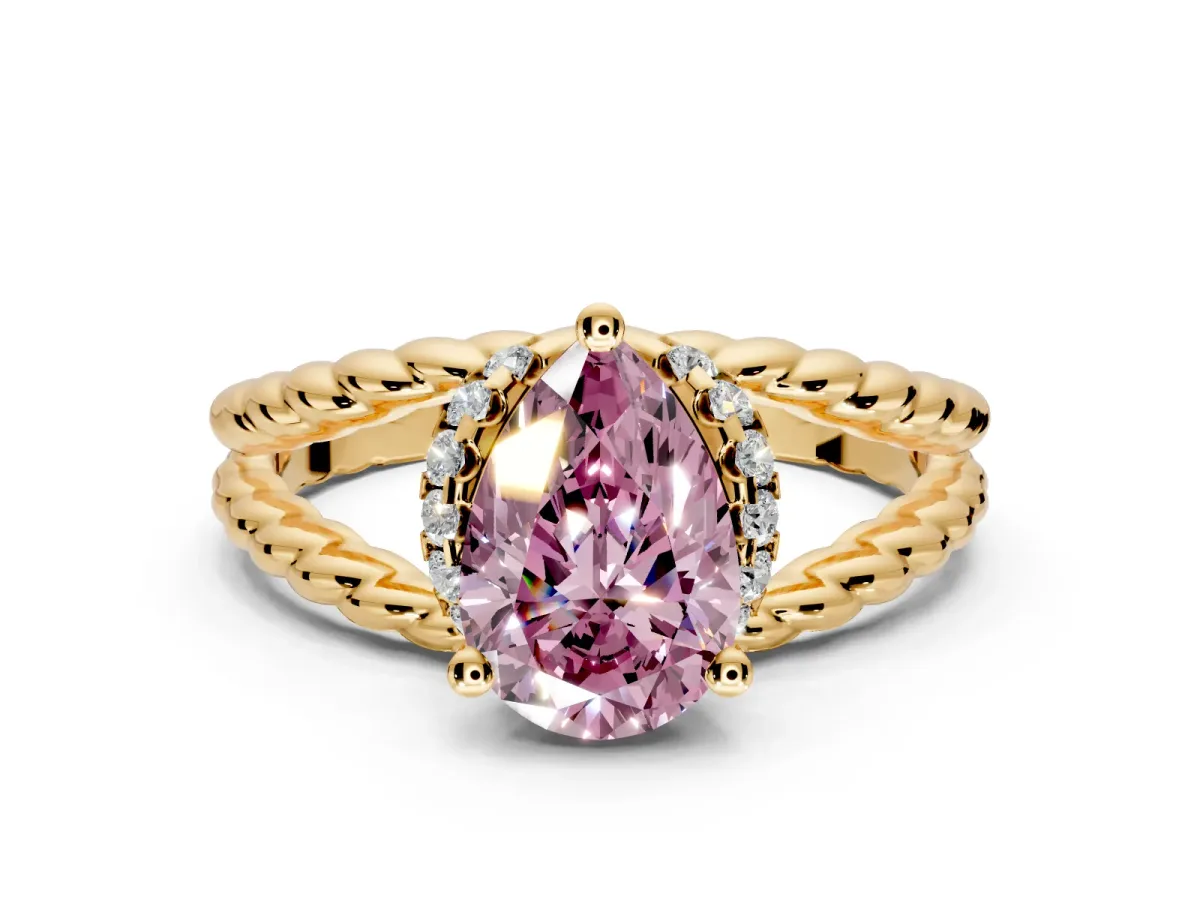 Halo Engagement Ring Setting for Fancy Pink Pear-Shaped Center with Rope Twist Split Shank and Prong Head in Yellow Gold