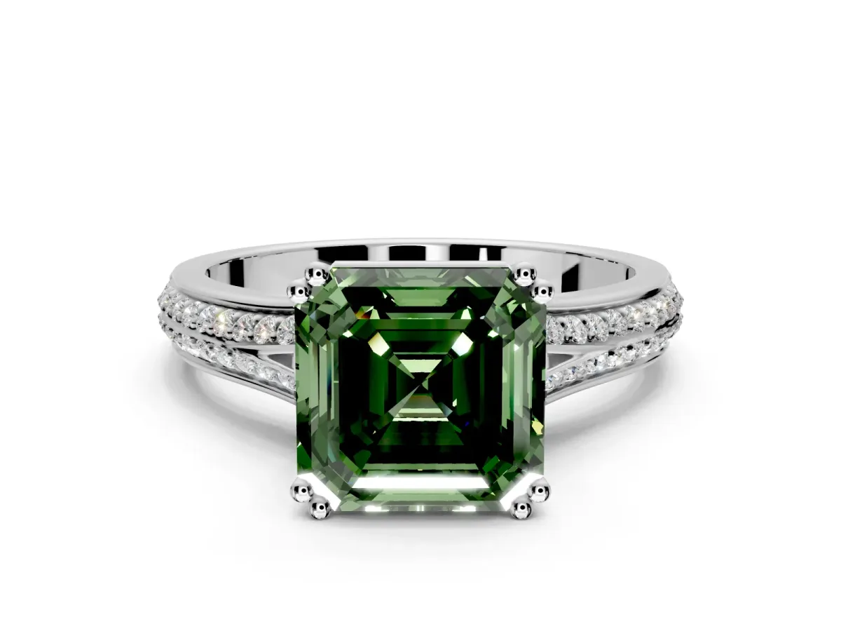 Solitaire Engagement Ring Setting for Fancy Green Asscher Cut Center with Pave Rail Split Shank and Prong Head in Platinum