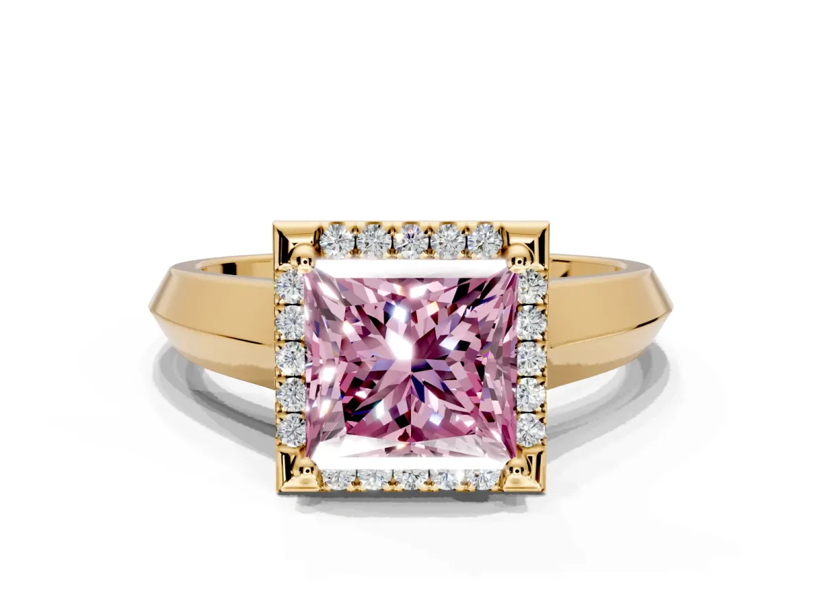 Halo Engagement Ring Setting for Fancy Pink Princess Cut Center with Knife Ridge Cathedral Band and Prong Head in Yellow Gold