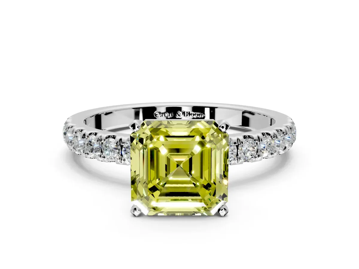 Open Basket Engagement Ring Setting for Fancy Yellow Asscher Cut Center with Pave Band and Prong Head in Sterling Silver