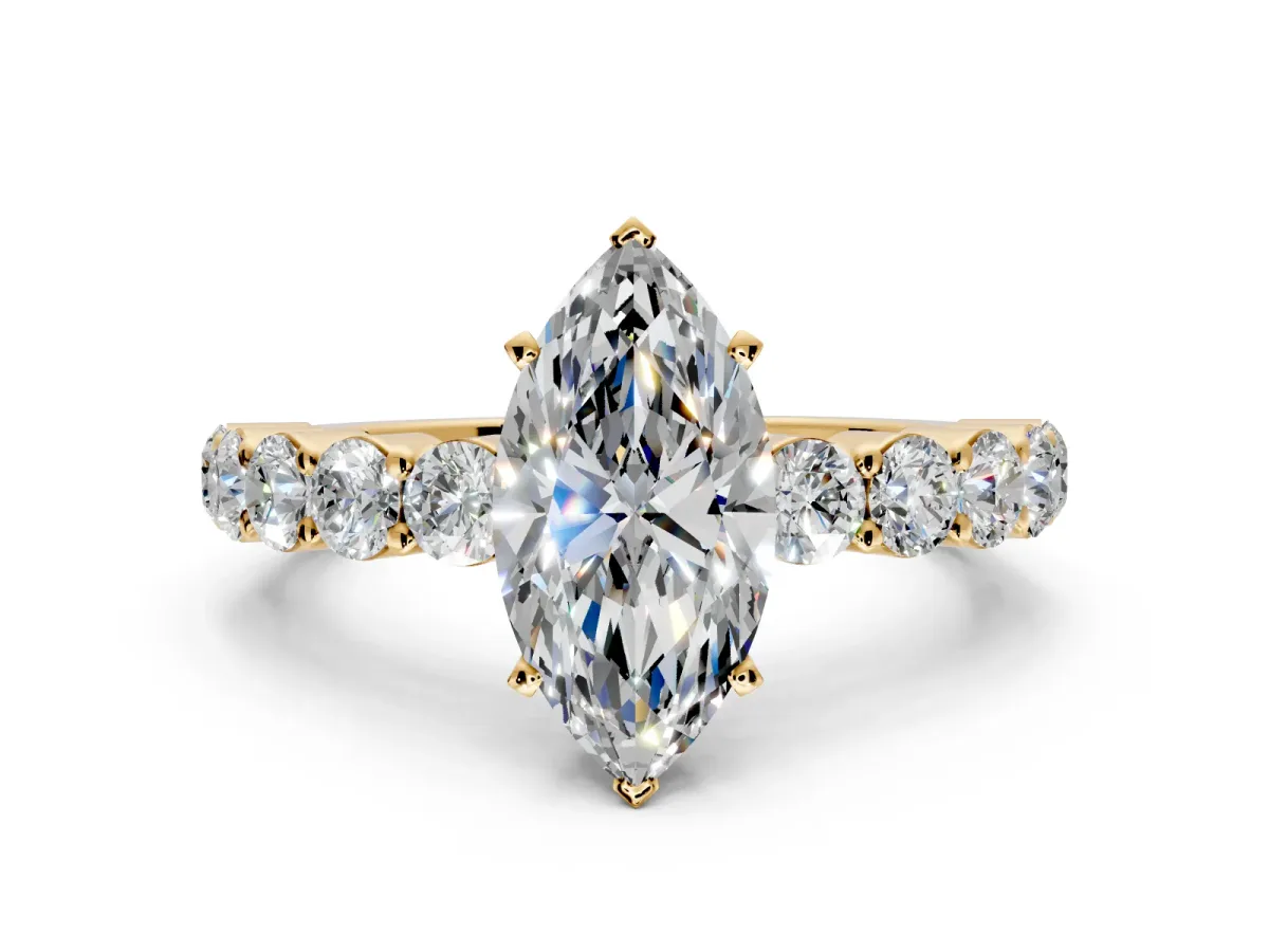 Shared-Prong Engagement Ring Setting for Marquise Center with Graduated Accents and Prong Head in Yellow Gold