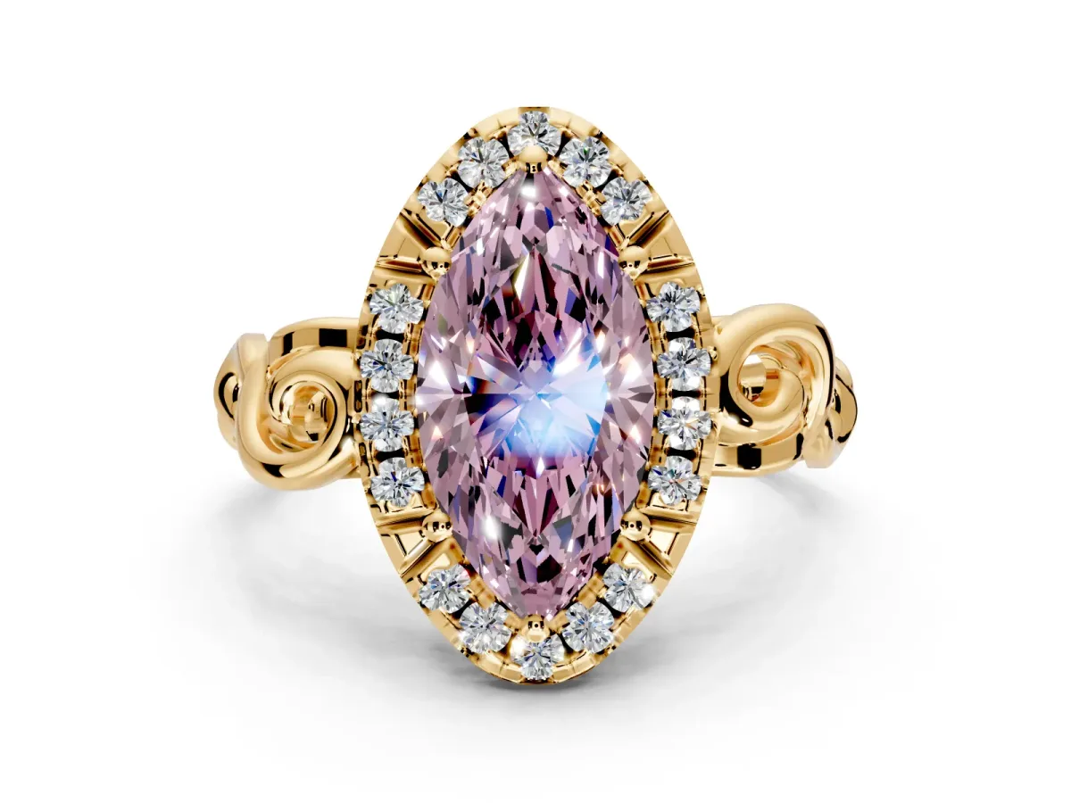 Halo Engagement Ring Setting for Fancy Pink Marquise Center with Open Scroll Shoulders and Prong Head in Yellow Gold