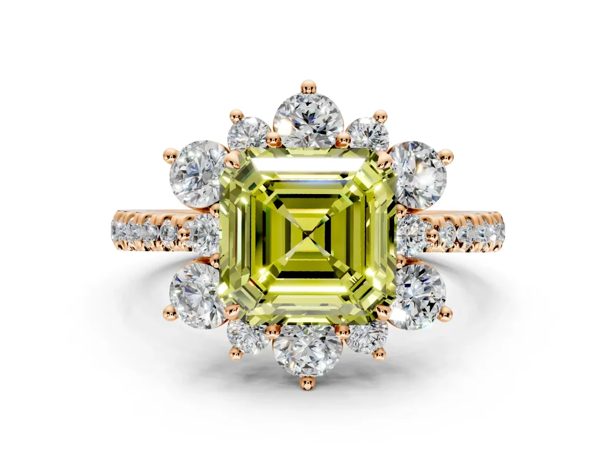 Floral Halo Engagement Ring Setting for Fancy Yellow Asscher Cut Center with Pave Accents and Prong Head in Rose Gold