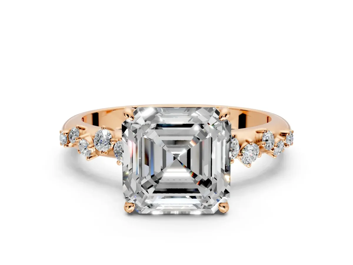 Cluster Engagement Ring Setting for Asscher Cut Center with Round Cut Accent Band and Prong Head in Rose Gold