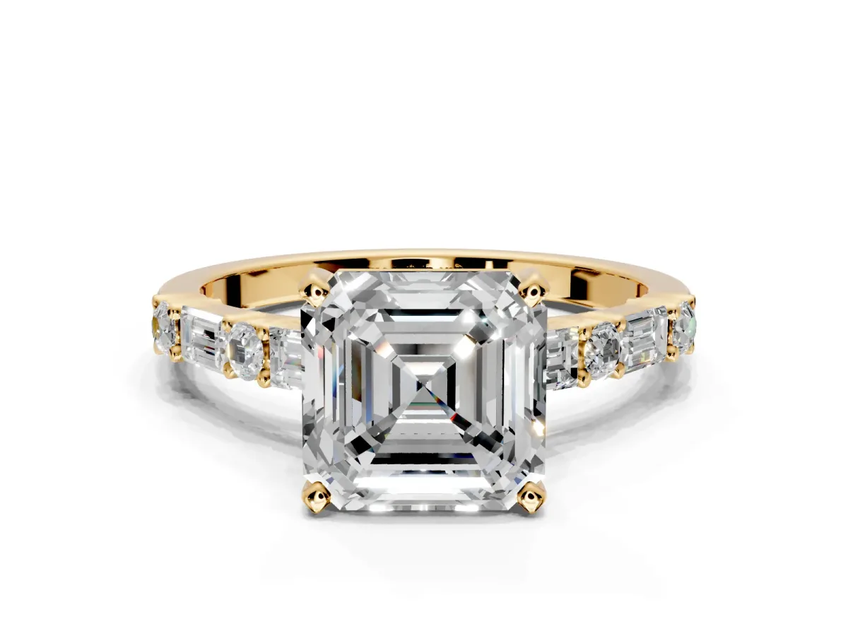 Baguette Engagement Ring Setting for Asscher Cut Center with Alternating Bar-Set Band and Prong Head in Yellow Gold