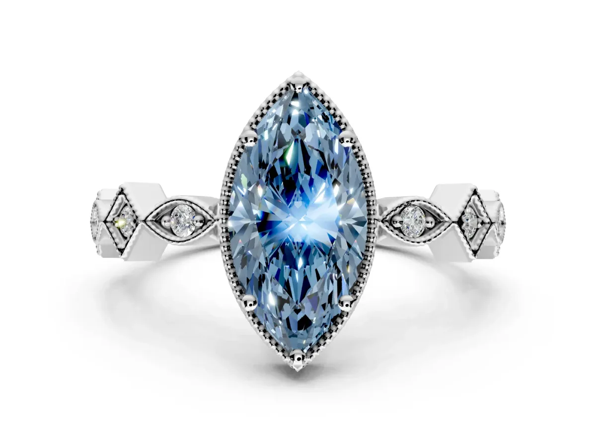 Milgrain Bezel Engagement Ring Setting for Fancy Blue Marquise Center with Marquise Stations and Bezel Head in Platinum
