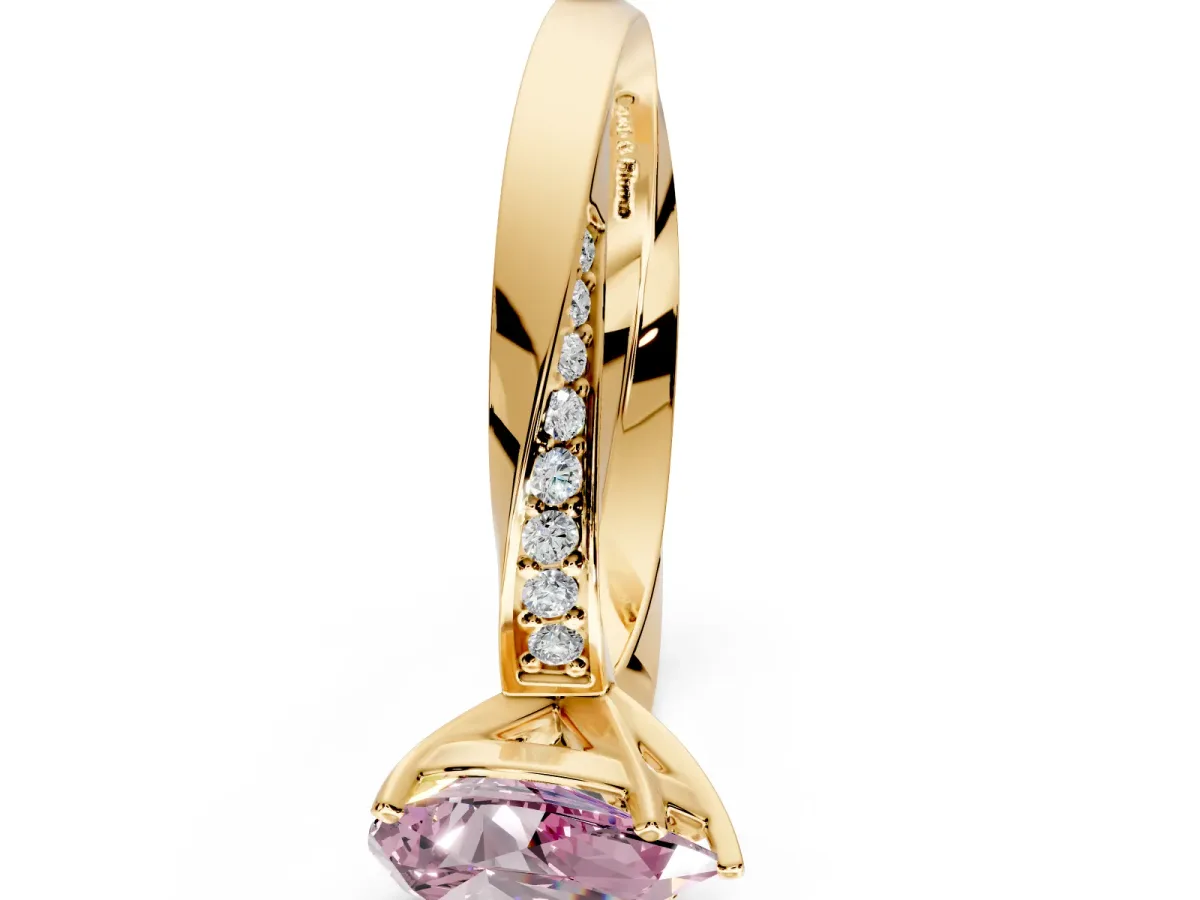 Side Accent Engagement Ring Setting for Fancy Pink Pear-Shaped Center with Accent Shoulders and Prong Head in Yellow Gold