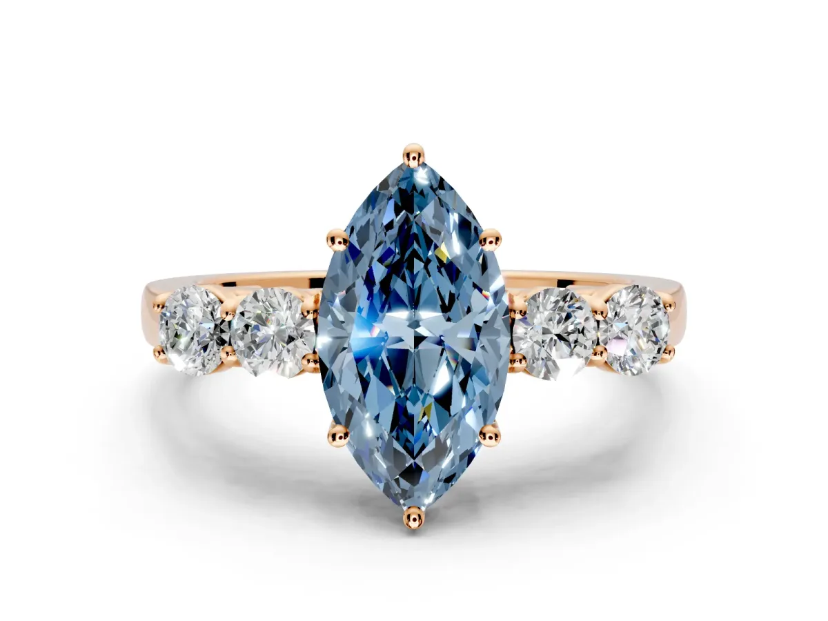 5 Stone Engagement Ring Setting for Fancy Blue Marquise Center with Equal Close-Set Accents and Prong Head in Rose Gold