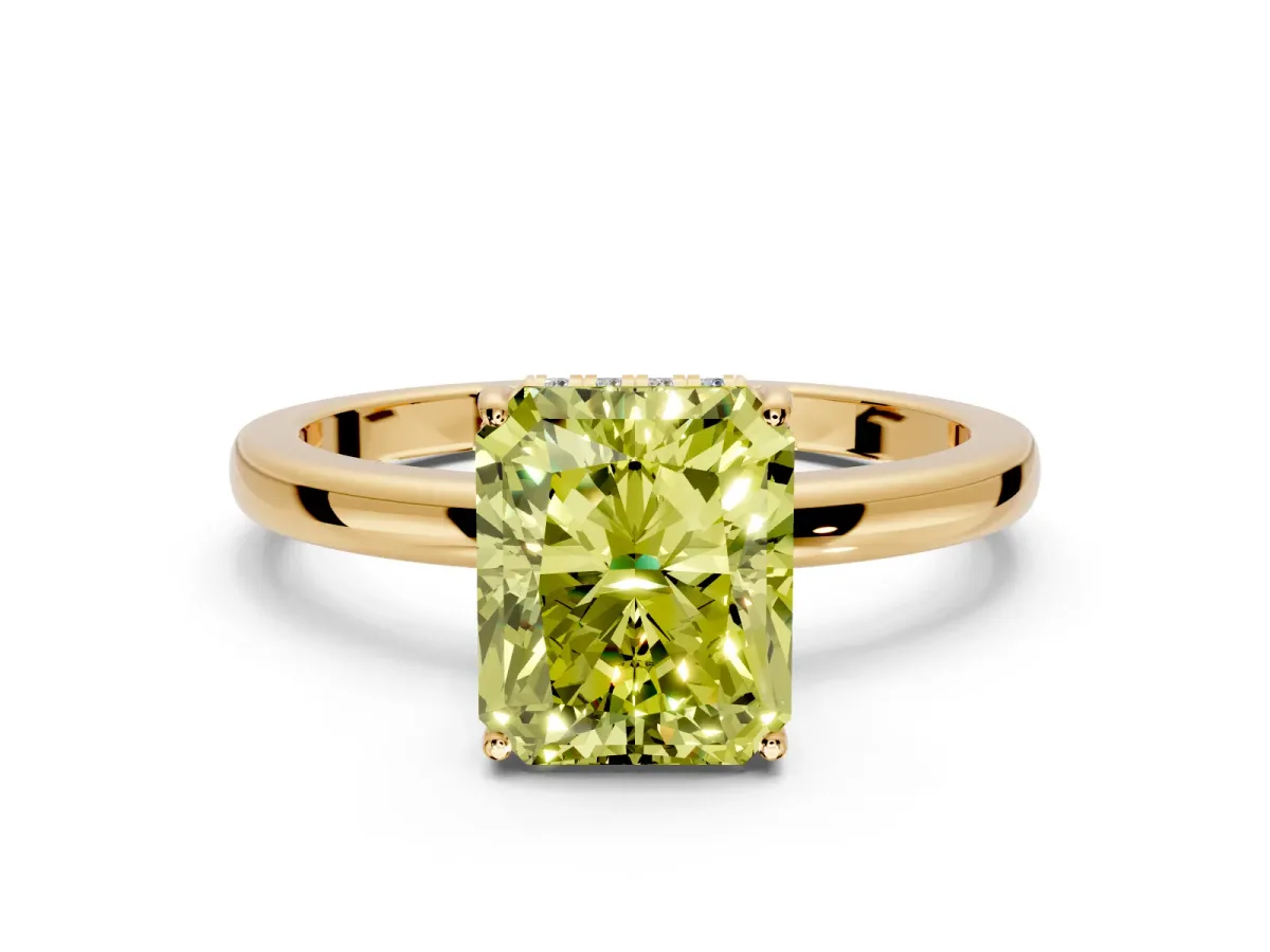 Solitaire Engagement Ring Setting for Fancy Yellow Radiant Cut Center with Fine Wire Band and Prong Head in Yellow Gold