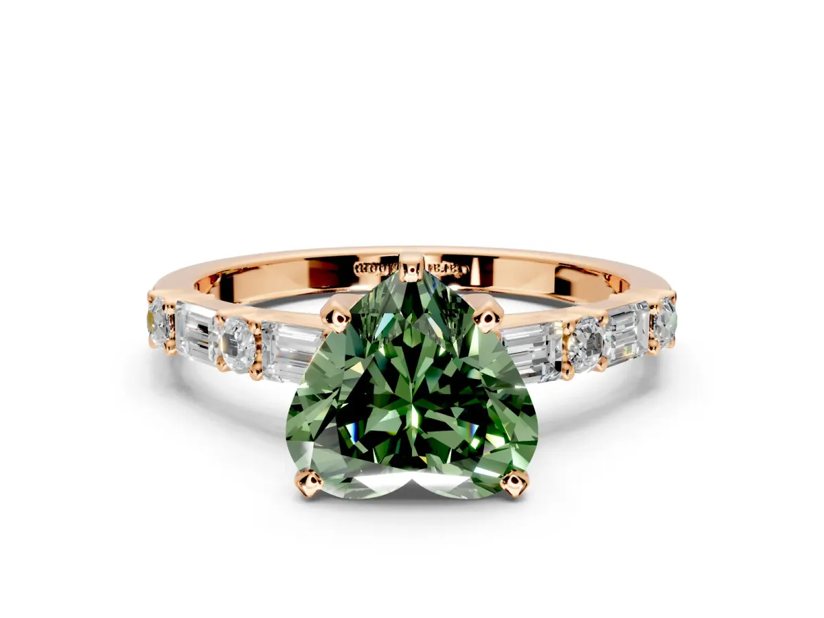 Baguette Engagement Ring Setting for Fancy Green Heart-Shaped Center with Alternating Bar-Set Band and Prong Head in Rose Gold