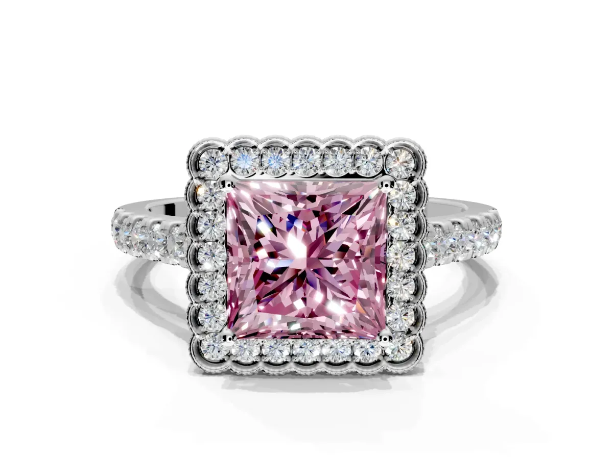 Milgrain Floral Halo Engagement Ring Setting for Fancy Pink Princess Cut Center with Pave Band and Prong Head in Platinum