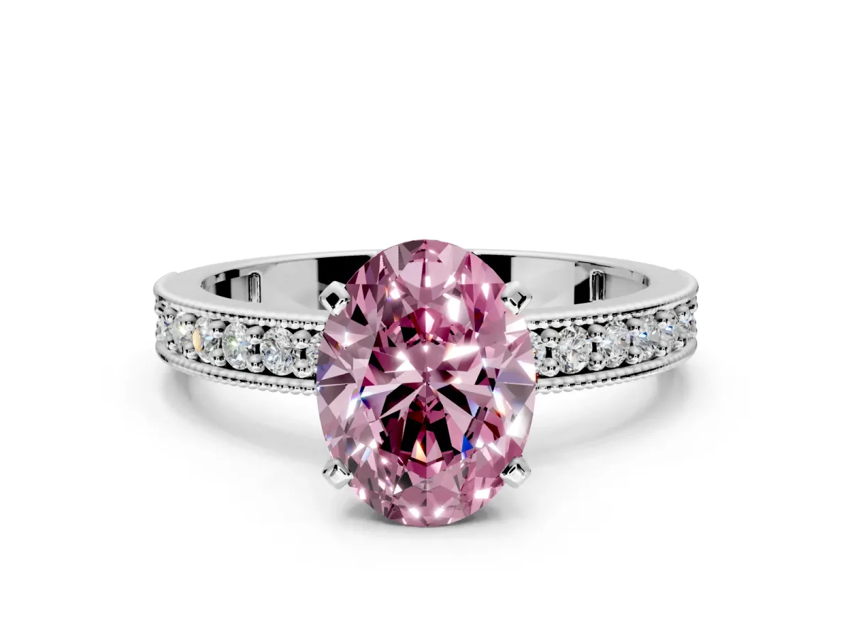 Milgrain Pave Engagement Ring Setting for Fancy Pink Oval Center with Accent Band and Prong Head in Sterling Silver