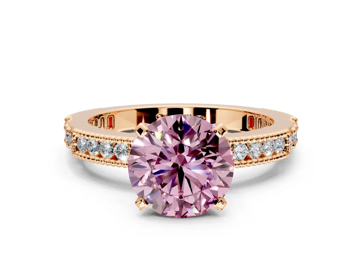 Solitaire Engagement Ring Setting for Fancy Pink Round Cut Center with Milgrain-Edged Pave Band and Prong Head in Rose Gold