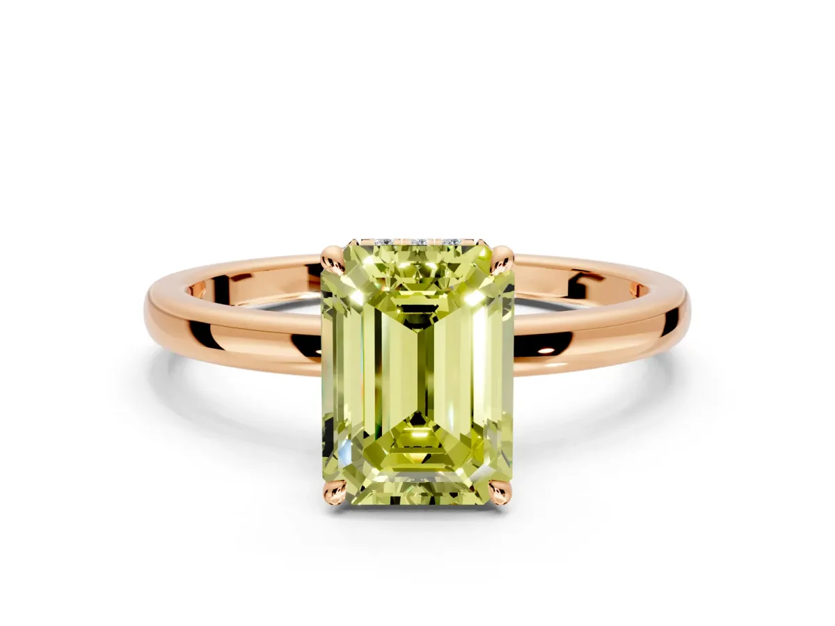 Hidden Halo Engagement Ring Setting for Fancy Yellow Emerald Cut Center with Plain Band and Tall Prong Head in Rose Gold