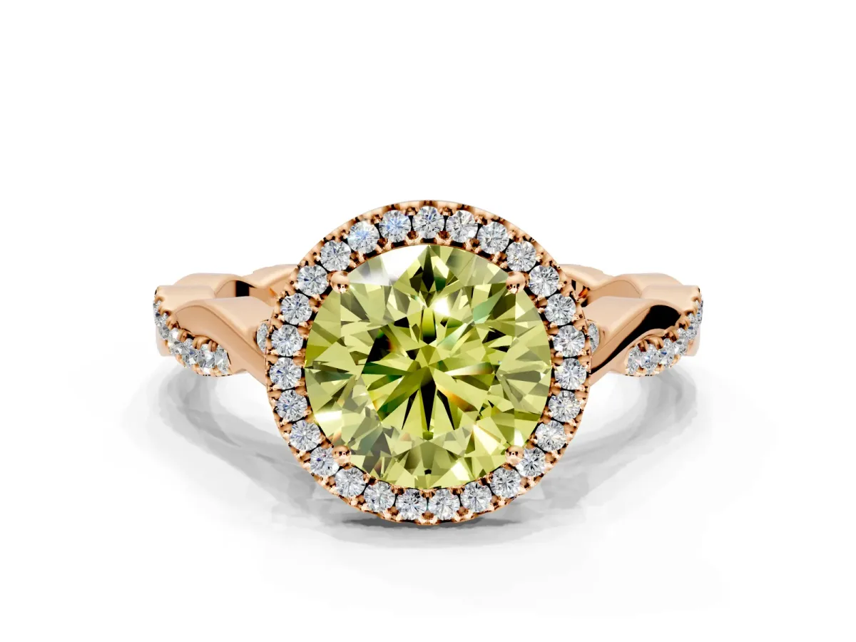 Halo Engagement Ring Setting for Fancy Yellow Round Cut Center with Twist Band and Prong Head in Rose Gold