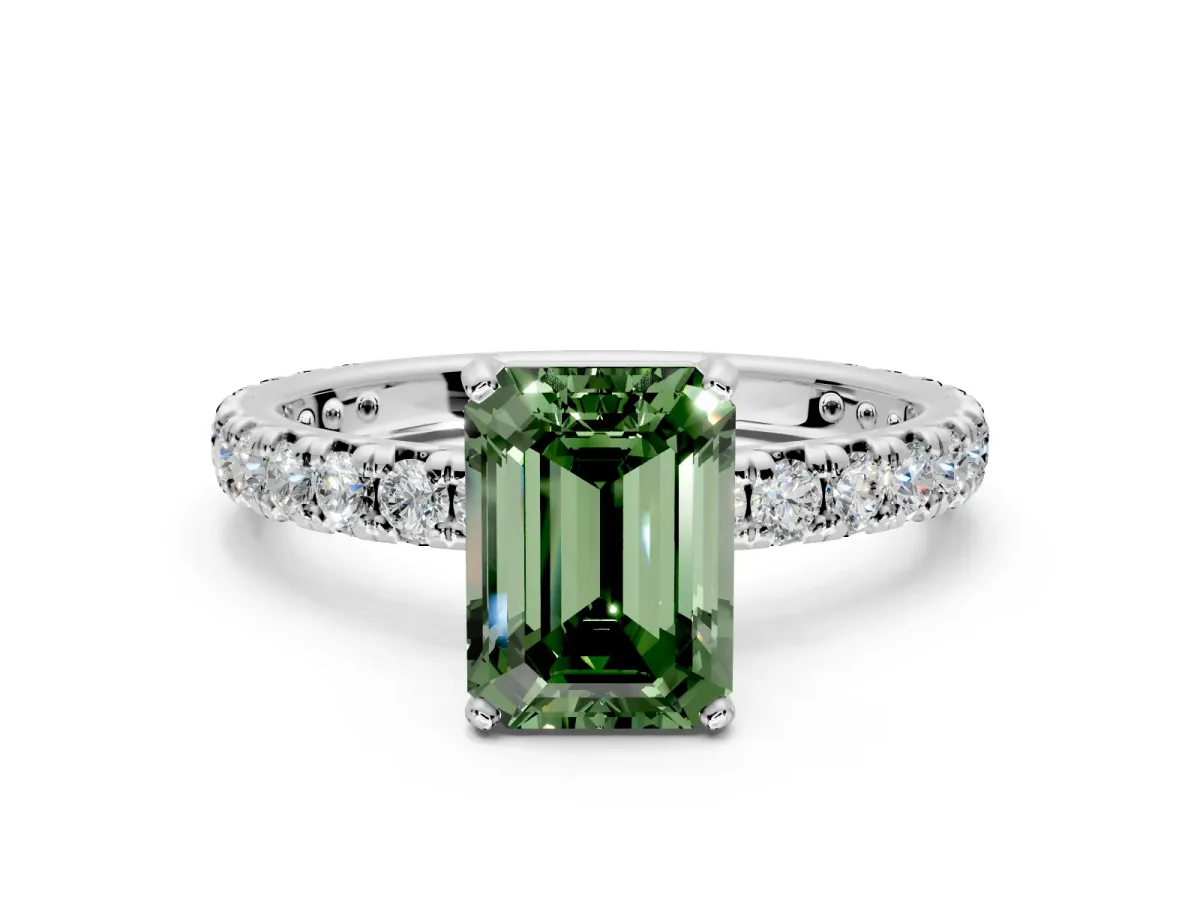 Solitaire Engagement Ring Setting for Fancy Green Emerald Cut Center with Shared-Prong Accents and Prong Head in White Gold