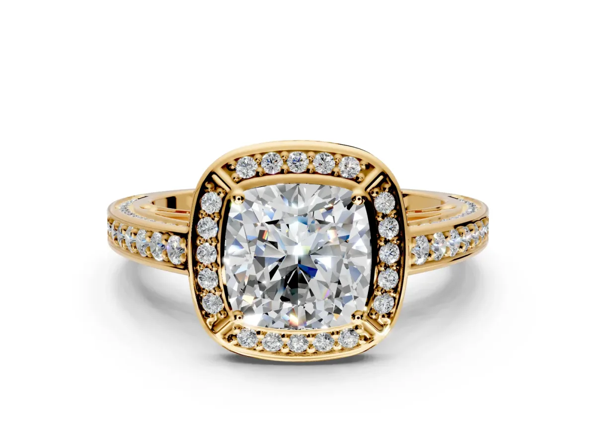 Halo Engagement Ring Setting for Cushion Cut Center with Framed Halo, Pave Band and Prong Head in Yellow Gold