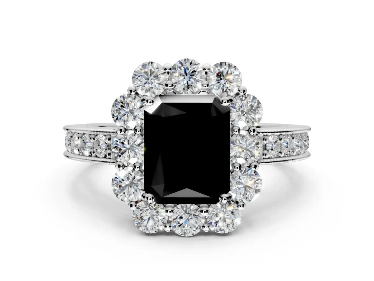 Halo Engagement Ring Setting for Fancy Black Radiant Cut Center with Milgrain Channel Band and Prong Head in White Gold