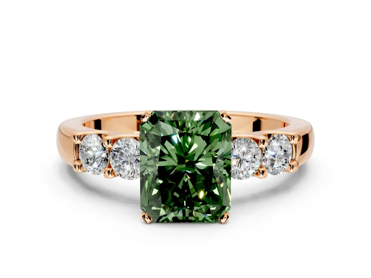 5 Stone Engagement Ring Setting for Fancy Green Radiant Cut Center with Plain Band and Prong Head in Rose Gold