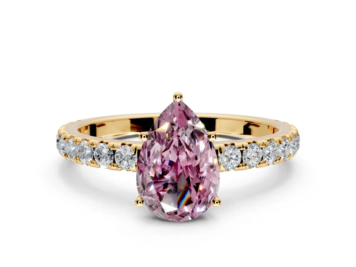 Solitaire Engagement Ring Setting for Fancy Pink Pear-Shaped Center with Large Accent Band and Prong Head in Yellow Gold