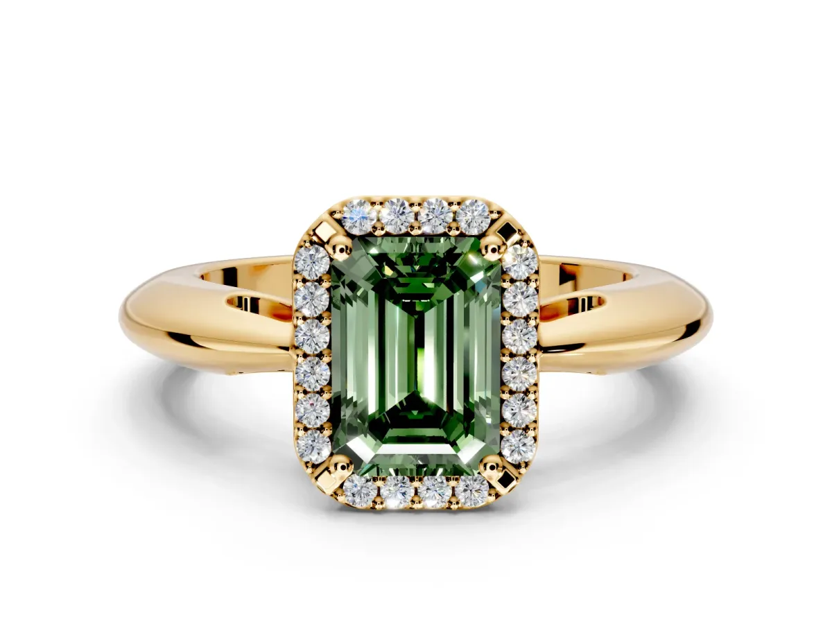 Halo Engagement Ring Setting for Fancy Green Emerald Cut Center with Tapered Plain Band and Prong Head in Yellow Gold