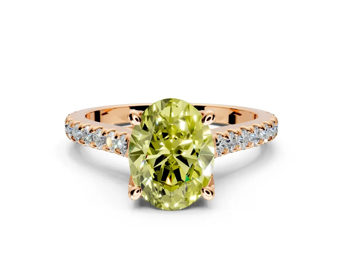 Solitaire Engagement Ring Setting for Fancy Yellow Oval Center with Widening Pave Band and Claw Prong Head in Rose Gold