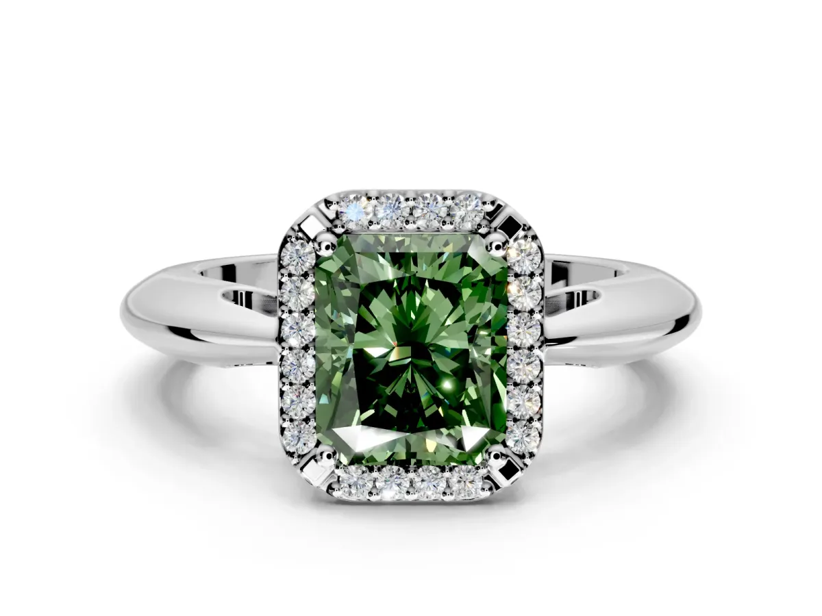 Halo Engagement Ring Setting for Fancy Green Radiant Cut Center with Tapered Plain Band and Prong Head in White Gold
