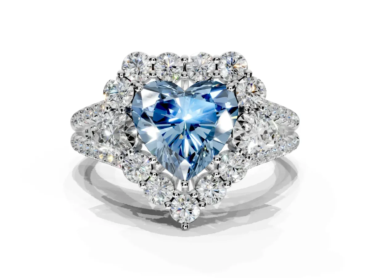 Halo Engagement Ring Setting for Fancy Blue Heart-Shaped Center with Two-Strand Split Shank and Prong Head in Sterling Silver