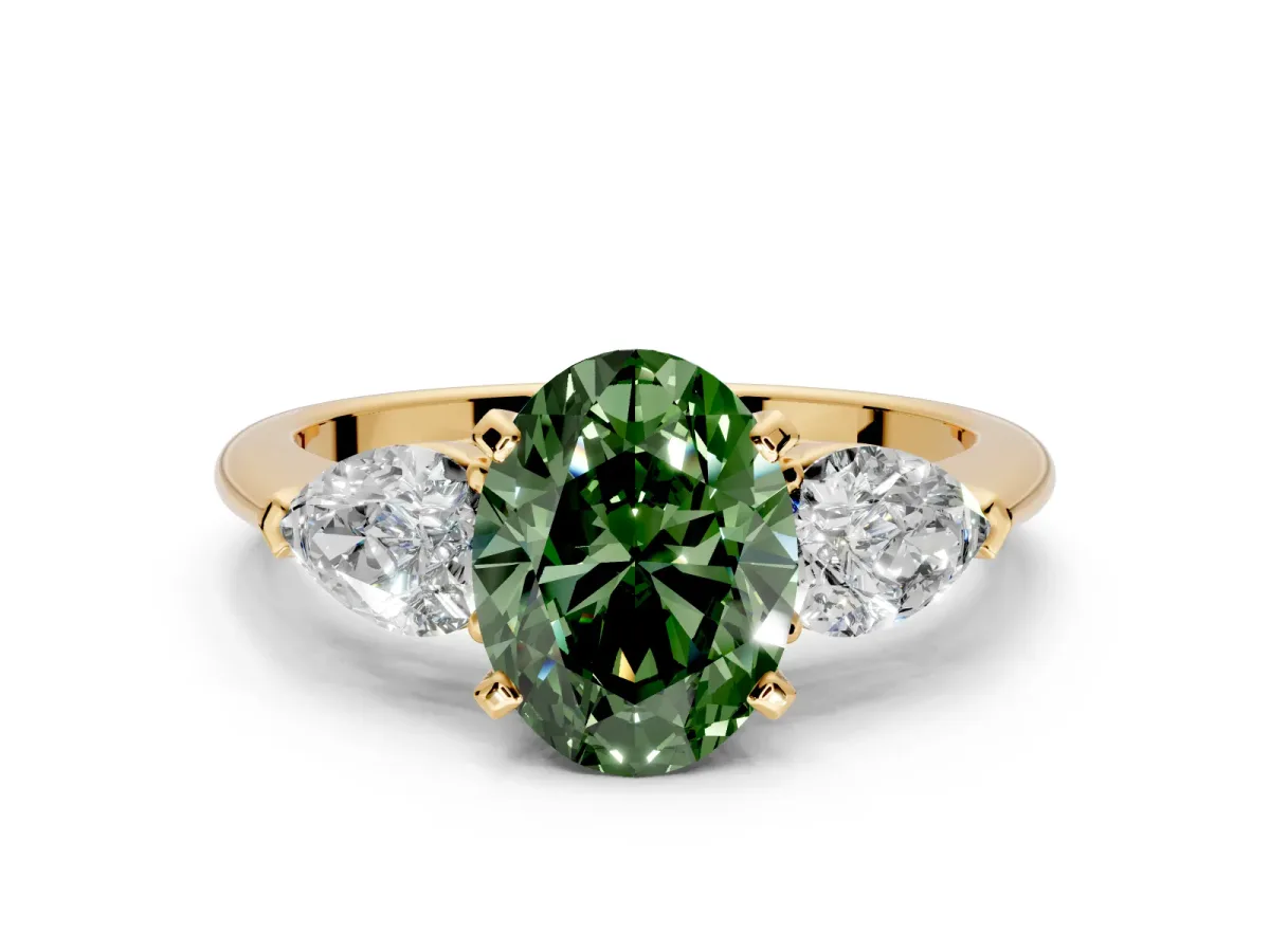 3 Stone Engagement Ring Setting for Fancy Green Oval Center with Large Pear-Shaped Accents and Prong Head in Yellow Gold