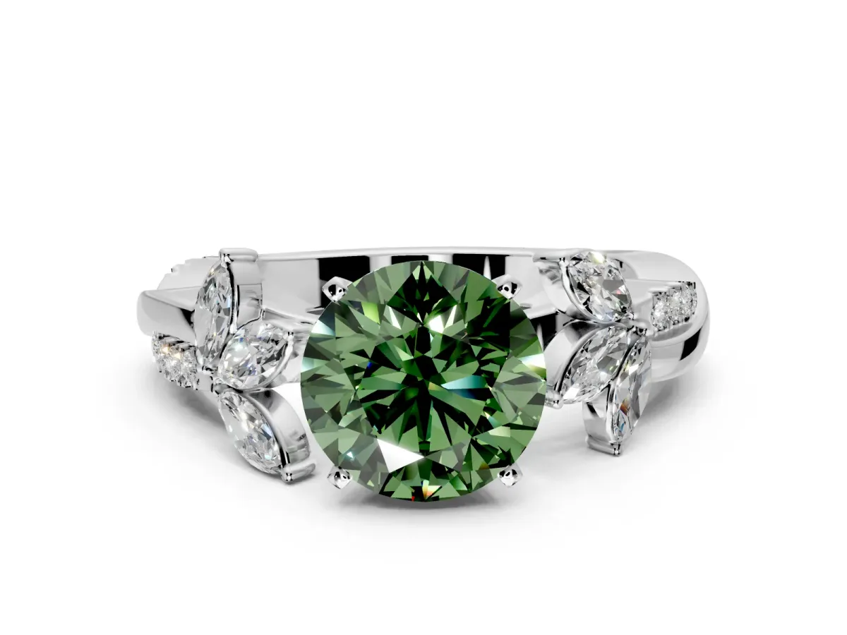 Floral Engagement Ring Setting for Fancy Green Round Cut Center with Trailing Marquise Accents and Prong Head in Sterling Silver