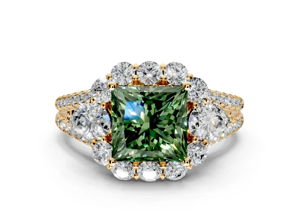 Halo Engagement Ring Setting for Fancy Green Princess Cut Center with Two-Strand Split Shank and Prong Head in Yellow Gold